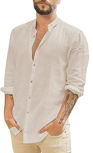 Chemise Col Mao Homme Coton- Chemise Manches Longues Couleur Unie Décontractée avec Bouton Blouse Été Leger Doux Ample Simple Chic Tee Shirt Comfortable Respirante De Plage Haut Passe-Partout
