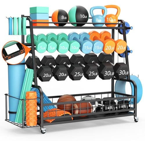 skypelia XL Dumbbell Rack Weight Stand - Adjustable Weight Rack for Dumbbells, Home Gym Storage Rack for Kettlebell, Balls,Yoga Mat Storage Holder, Workout Equipment Storage Organizer with Wheels