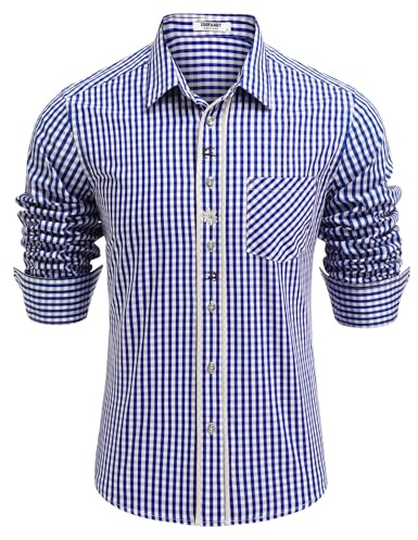COOFANDY Chemise Traditionnelle pour Hommes à Manches Longues avec Coton à Carreaux Chemise Oktoberfest DéContractéE à Carreaux Bavarois Bleu L