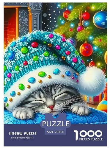 Puzzle 1000 Pieces Sleeping Cat Brainteasing Christmas Theme Randomly Shaped Pieces for Impossible Puzzles for Adults Jigsaw 70x50cm/1000pcs