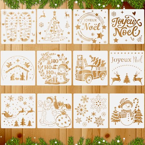 12pcs Pochoirs Noël de Dessin Pochoir de Peinture Réutilisables 15 * 15cm Joyeux Noël Pochoirs en Plastique Décoration Fenêtres Scrapbooking DIY Album Carte de Voeux