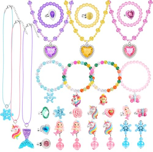 BTHRORO 31 Piezas Juegos de joyas para Niña, Princesa Joyería Brazalete Collar Anillo y Pendientes Conjunto de Joyas de Cosplay para Fiesta de Disfraces de Princesas
