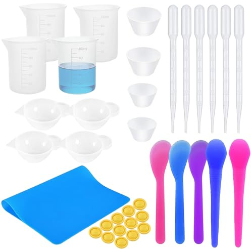 Set di 36 misurini in silicone, 100 ml, bicchieri in silicone per versare, ciotola in silicone, pipette per ditali, accessori per stampi in resina epossidica, fatti a mano, artigianato, laboratorio