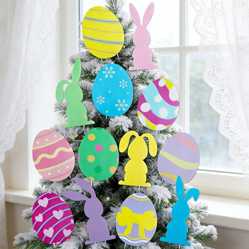 Fangoo 13 Piezas Pascua Huevos de Conejo Adornos para el Árbol Adornos con 26 Estacas Colorido Pequeño Decoración con Carteles de Pascua para Árbol Primavera Jarrón Jardín Césped