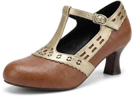 Women's T Strap Pumps Classic Stacked Cone Heels Mary Jane Closed Toe 70' Mediaeval Vintage Costume Retro Character Shoes Perforated Light-Brown Size 41