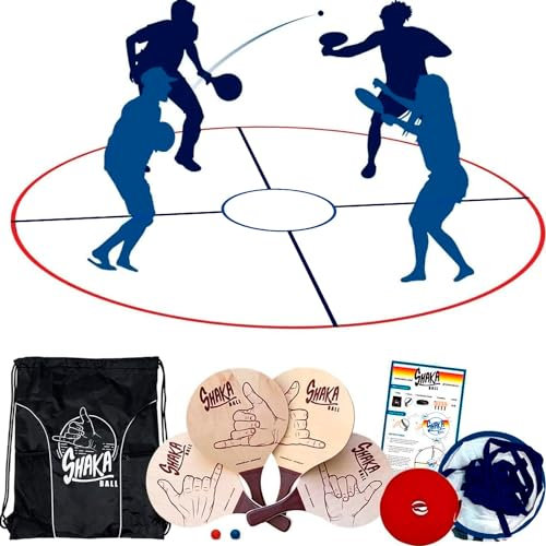 Shaka Ball Game Set – Fun Outdoor Paddle Ball Game for Teens and Adults | Perfect for Beach Games, Park, Garden, and BBQ Parties | Includes 4 Wooden Paddles, 2 Balls, Circular Court & Backpack