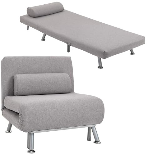 HOMCOM Single Sofa Chair Bed, Linen Fabric 3-in-1 Convertible Sleeper Chair with 5-Position Adjustable Backrest, 75cm Wide Seat, Pillow for Living Room, Bedroom, Grey
