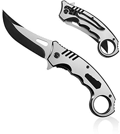 HONZIN Pliant 2 en 1 Couteau de Poche de Acier Inoxydable 3Cr13 Avec Clé Multi-spécifications Couteaux de Chasse en Manche en Acier Brossé Couteau de Camping Ergonomique (Argenté)