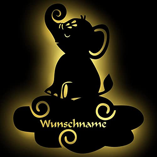 Personalisierbares Elefant auf Wolke Schlummerlicht I Baby-Geschenke zur Geburt & Taufe | Holz Natur I Batteriebetriebene Wand-Lampe Nachtlicht für Mädchen & Junge