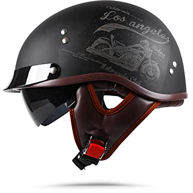 BOSERMEM Motorradhelm Mit Schutzbrille DOT/ECE-Zugelassen, Jethelm Roller-Helm Scooter-Helm Moped Mofa-Helm Chopper Vintage(Mattschwarzes Retro-Motorrad)