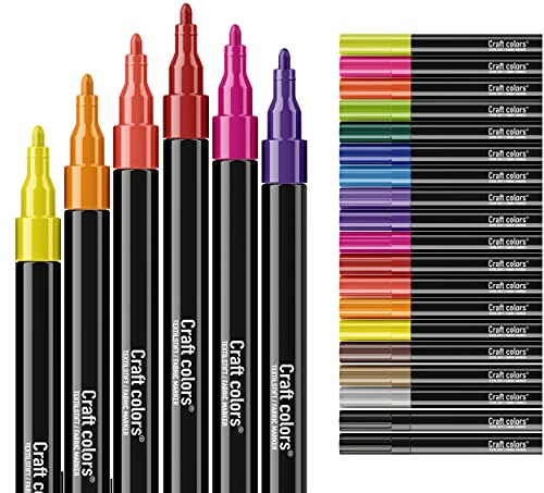 Craft colors® Set di 20 pennarelli per tessuti, lavabili in lavatrice, colori vivaci permanenti, per magliette, scarpe in tessuto, sacchetti di tessuto, spessore 2 mm