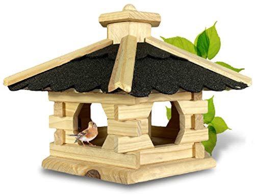 GARTENETAGE Futterhaus Skandinavia mit Futtersilo für Vögel/massives Vogelhaus aus Holz, wetterfest/Vogelhäuschen für Balkon und Garten, handgefertigt/Futterhaus für Vögel - Farbe Natur