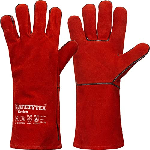 Safetytex Schweißerhandschuhe KREIEN - Hochwertige Lederhandschuhe für optimalen Schutz - Hitzebeständig - Größe 10, Farbe: Rot (6 Paar)