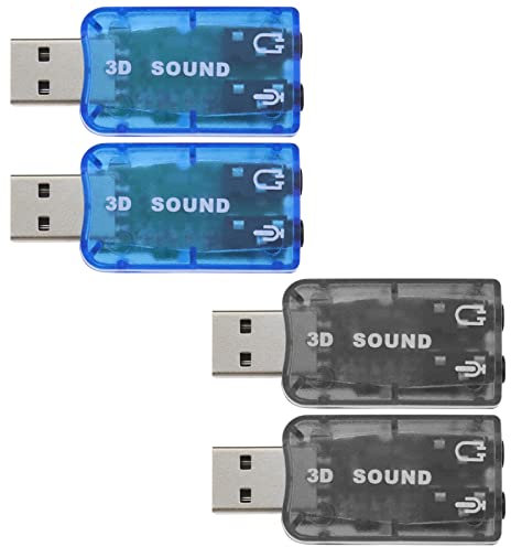 4 tarjetas de sonido estéreo USB 5.1 externas con puertos para auriculares y micrófono, 3,5 mm, adaptador de audio virtual 3D, 5,1 canales, compatible con Windows, 2 unidades negras y 2 unidades azul