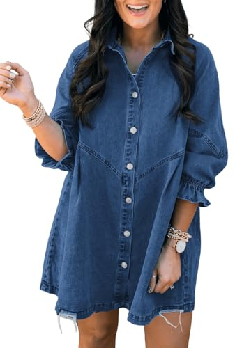 Sidefeel Womens Smocked 3 4 Sleeve Button Down Denim Jeans Dresses Large Blue