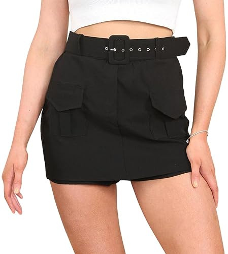 AAIF RETAILS® Ladies Cargo Skirt Womens High Waisted Summer Belted Shorts Summer Two Pockets Mini Skort Hiking Running Black Size 16
