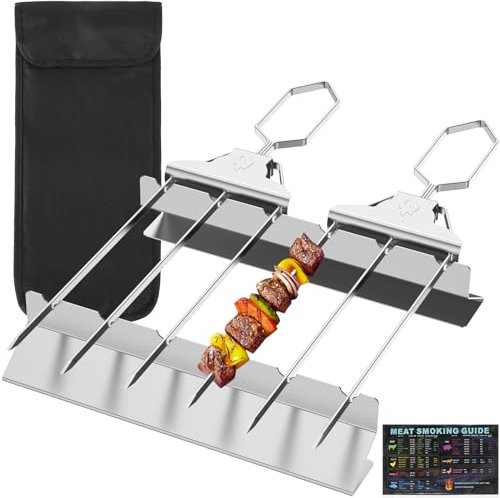 2 pinchos de parrilla de 3 vías con soporte, pinchos de acero inoxidable para barbacoa, pinchos de parrilla de 3 puntas con cepillo de aceite y bolsa de almacenamiento, barras deslizantes fáciles de