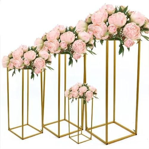 4/10 Stück Set Gold Blumenständer Metall, Hochzeitsvase Blumensäule Rechteckige, Goldvasen Säule Dekosäule Pflanzenständer für Hochzeit Tische Rasen Hotel Hochzeit Bankettsaal Zeremonie