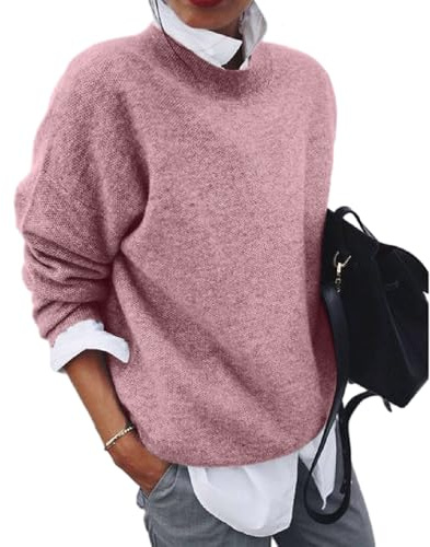 Suéter Suave Y Cálido, Suéteres De Otoño para Mujer, Suéter De Punto con Cuello Redondo Y Solapa, Camisa Informal Suave con Bloques De Color Y Manga Larga (Morado,L)