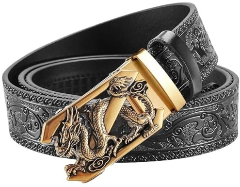 VJK Ceintures de luxe pour homme avec tête de dragon vintage gravée avec boucle automatique en alliage, sangle de taille en cuir, ceinture réglable plus facile à découper, ceinture à cliquet