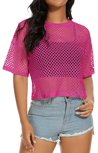 florynova Womens Fishnet Mesh Tops Summer See Through T Shirt Short Sleeve Sheer Blouse(Rose,S)