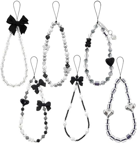 6 Stück y2k Handy Kamera Anhänger Camera Chain Cute Aestheticschwarz Korean Handy Kette Perlen Handyanhänger Kurz Süße Phone Charm mit Perlen Bogen Herz Handy Kamera Lanyard Kette