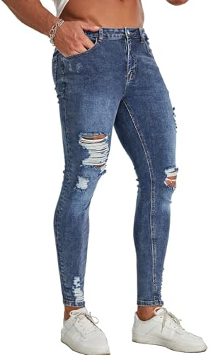 CadaSor Mens Skinny Jeans Super Stretch Slim Fit Jeans for Men Classic Tapered Leg Denim Pants(Blue Ripped,32)
