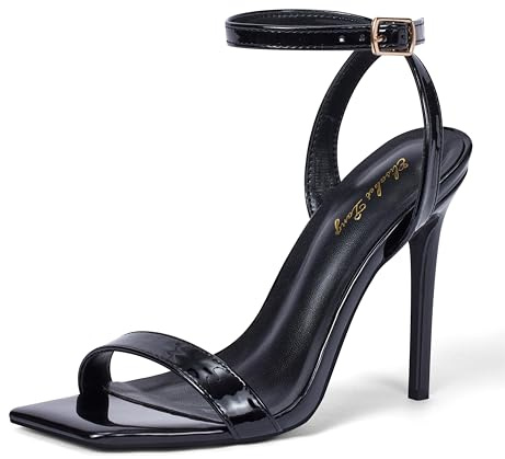 Zhabtuc Talons Aiguilles Femme: Bride de Cheville, Bout Carré Ouvert, Sandales à Talons Sexy et Confortables, Élégantes Chaussures à Talons Hauts, Lacets, Mariage, Fête, vernis noir, 41 EU