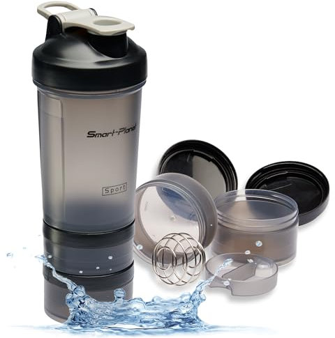 Smart-Planet Eiweiß Shaker 500ml mit 2 extra Fächer für Supplements und Protein Pulver - Mixer Flasche Nutrition - Spülmaschinenfest - BPA Frei, mit Messskala, auslaufsicher in dunkelgrau