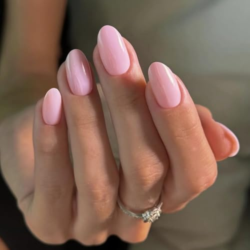 KQueenest Baby Pink Press on Nails Short Oval, Short False Nails Almond, Glossy Solid Light Pink Fake Nails Set, Reusable Natural Gel Stick on Nail for Women Finger Daily Wear 24 Pcs