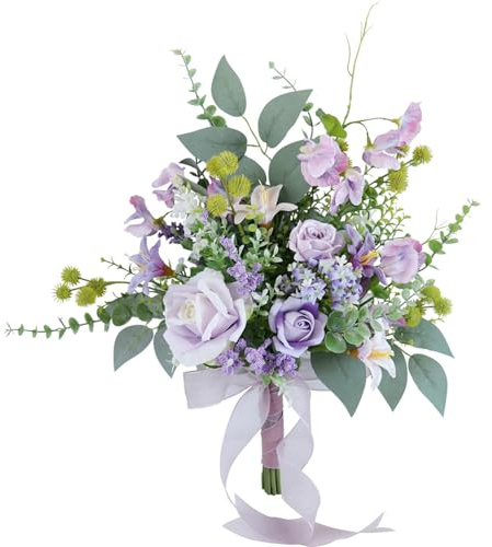 Fouriding - Bouquet da sposa con fiori artificiali lilla, bouquet nuziale fatto a mano per cerimonia, anniversario, festa, doccia nuziale, decorazione per matrimonio e damigella d'onore