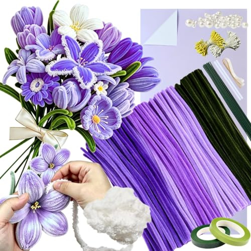 5 Color Purple Pipe Cleaner Flower Kit,300 Pcs Pipe Cleaners for Craft,with 1 Roll Fluffy Yarn,50 Pearls,100 Flower Stamens, 15 Floral Wire,2 Floral Tape,2 Wrapping Paper,Ribbon and Instruction