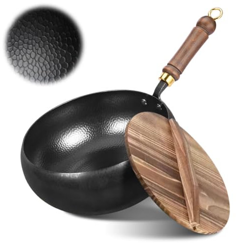 Tutamaz Padella in ferro forgiata non rivestita, pentola forgiata a mano, padella non rivestita, grande pentola a pancia, padella con coperchio, padella anti-combustione per friggere e saltare