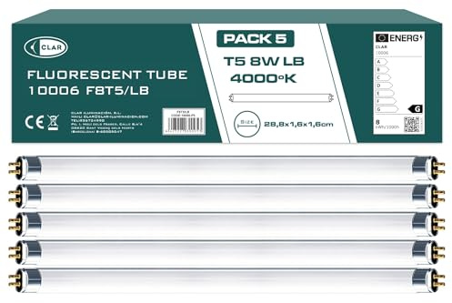 CLAR - Tubo Fluorescente T5 8W, Neon 30 cm, Lampade Fluorescenti, 28,8 X 1,6 cm (Confezione da 5)