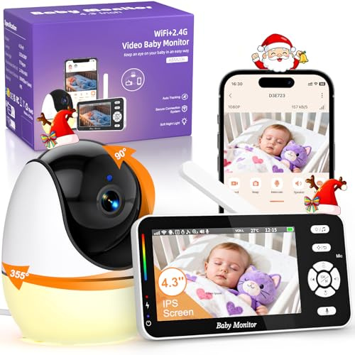 BURNNOVE Baby Monitor Video e Audio WiFi 4,3 Pollici IPS 3500mAh Batteria VOX, Luce Notturna, Sveglia, Ninna Nanna, Rilevamento della Temperatura Condivisione dello Schermo con Più Persone