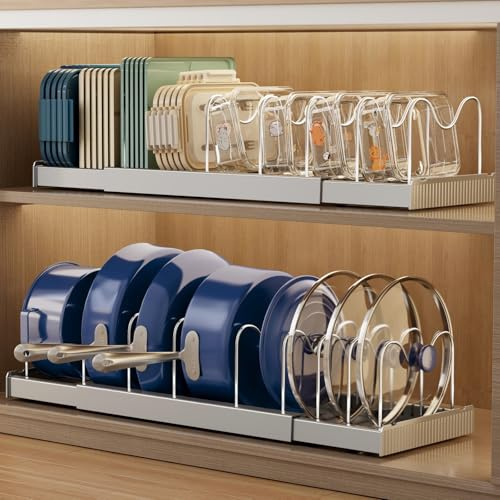 Magheo 2 Piezas Organizador Sartenes, Expandible Organizador Sartenes Y Ollas Tapas con 9 Divisores Ajustables, 32-57CM Organizador Armario Cocina, Kitchen Organizer Pot Lid Storage Rack (Gris)