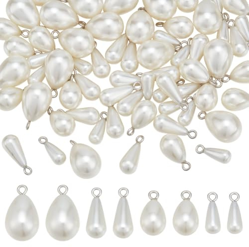 PH PandaHall 4 Sizes Teardrop Pearl Pendants 64pcs White Pearl Charms Pearls Beads Charms Connectors Water Drop Teardrop Pendants for DIY Dangle Necklace Earring Bracelet, 12.5/13/16.5/17mm