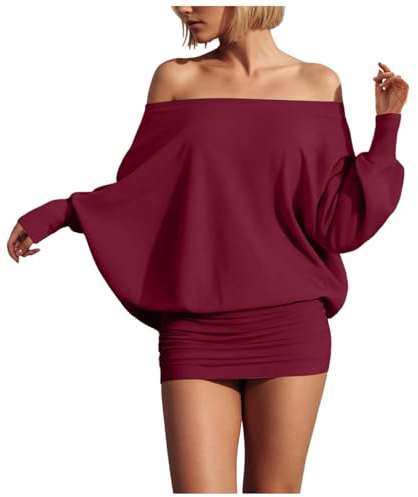 Women's Sexy Bodycon Mini Dress Sexy Solid Colour Off the Shoulder Pleated Bodycon Sheath Dress (M) Wine