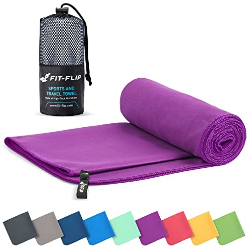Fit-Flip Microfibre towel - compact, ultra lightweight & quick dry - perfect for gym, travel & beach - swimming towels for sports, camping (30x50cm purple + bag)