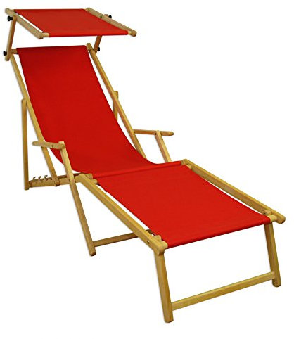Lunga Sedia a Sdraio Rossa in Faggio Chiaro con braccioli poggiapiedi Parasole 10-308NFS