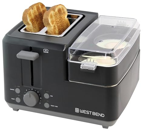West Bend Breakfast Station 2-Slice Toaster and Egg Cooker/Poacher with Removable Pre-Cooked Meat and Vegetable Warming Tray for Perfect Breakfast Sandwiches, 1200-Watts, Black