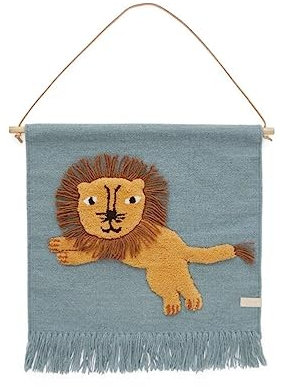 OYOY Mini Jumping Lion Wallhanger für Kinder - Wandteppich Kinderzimmer Löwe aus Wolle-Baumwolle 55x52 cm