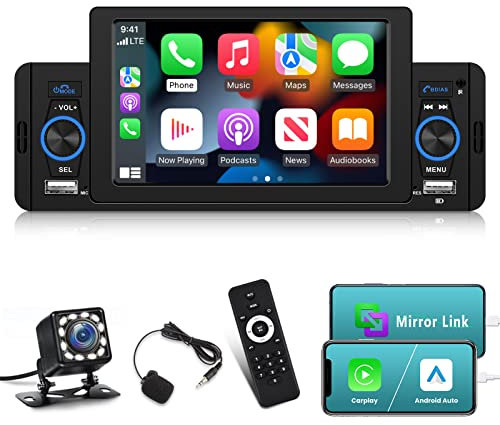 Single Din Car Stereo with Apple Carplay Android Auto 5 inch Touch Screen Bluetooth Radio, Mirror Link/SWC/FM/7 Color Buttons/USB Fast Charging + Reversing Camera + Remote Control + MIC