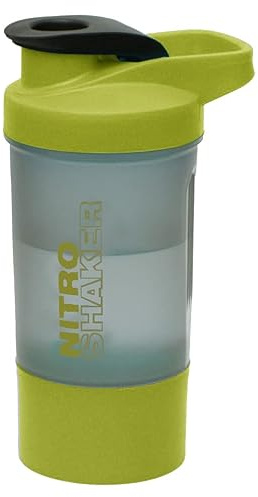 600 ml Nitro Recyclable Plastic Shaker Bottle On the Go BPA Free Measurable with Rust Free Stainless Steel Mixing Ball, Attachable Supplement Protein Powder Storage Jar and Leakproof Flip Cap (Green)