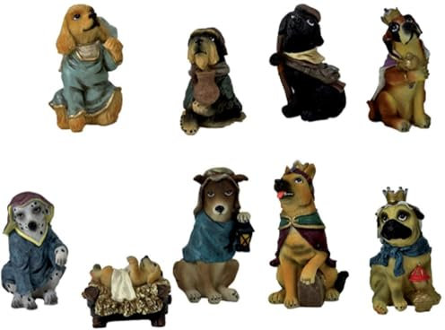 FADEDA 9 figuras de pesebre para perros/altura: 10 cm/pintadas a mano/detalladas, figuras de belén para decoración de mesa de Navidad, accesorios para belén