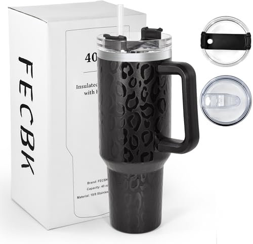 FECBK Thermobecher mit Strohhalm und Henkel 1,2L, 100% Auslaufsicherer Trinkbecher, Edelstahl Vakuumisoliert Kaffeebecher mit Griff, Hält 12 Std Heiß / 34 Std Kalt, Vollschwarz Leopard