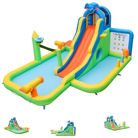 LIFEZEAL Castillo Hinchable con tobogán y Piscina, Muro de Escalada, cañón de Agua, Parque Hinchable con Tema de Elefante para niños de 3 a 10 años, 378x469x250 cm (sin solpador)