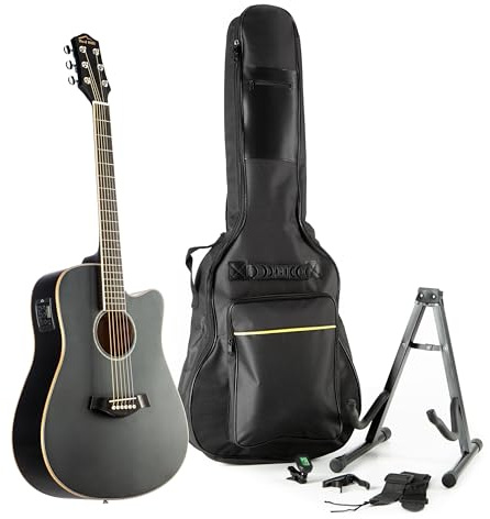 Red Hill Westerngitarren Set, DCE-S Black 2, inklusive Gitarre, Ständer, Gigbag, Stimmgerät, Ideal für Westerngitarrenliebhaber