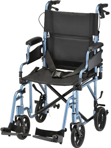 NOVA Lightweight Folding Transport Chair for Adults – Aluminum Foldable Travel Wheelchair with Flip-Up Desk Arms, One-Grip Locking Hand Brakes, 8” All-Terrain Wheels, 300 lb Capacity, Blue