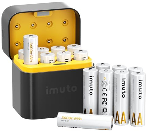 imuto Batería AA ricaricabili de 1,5 V, 3600 mWh, pila Ricaricabili AA Litio 1600 Cicli con pantalla a LED Nero ricarica rapida, 16 pezzi